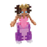 Toy figure of a princess made from interlocking blocks, featuring a crown, brown hair, pink dress, and purple skirt, set against a white background.