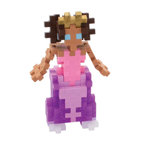 Toy figure of a princess made from interlocking blocks, featuring a crown, brown hair, pink dress, and purple skirt, set against a white background.