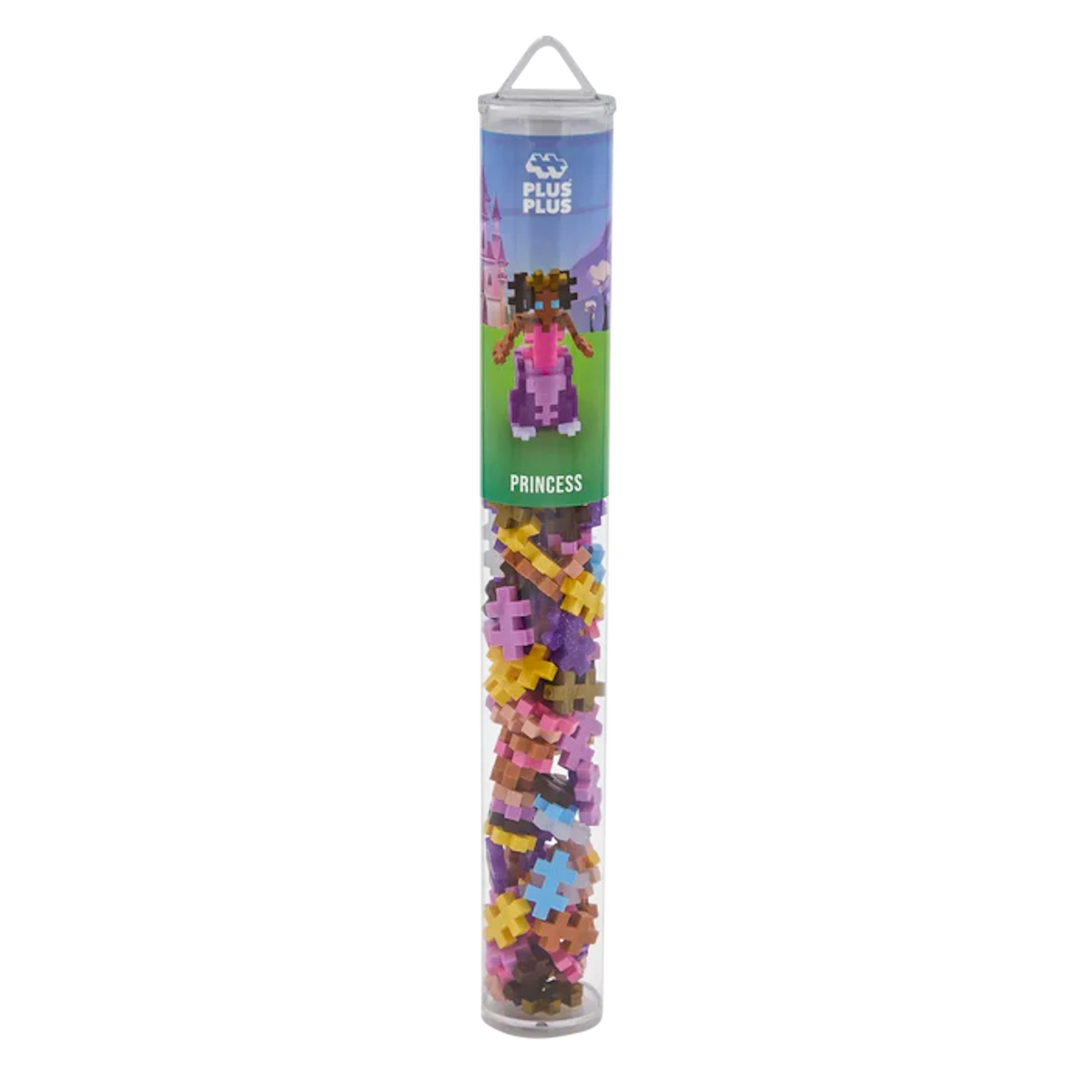Clear tube containing colorful interlocking puzzle pieces with a label showing a blocky princess figure and castle. The label says "Princess".