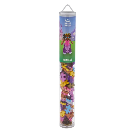 Clear tube containing colorful interlocking puzzle pieces with a label showing a blocky princess figure and castle. The label says "Princess".