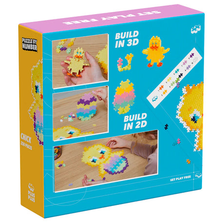Plus-Plus Puzzle by Number Chick set box showing 2D and 3D colorful brick builds of a yellow chick and Easter egg.