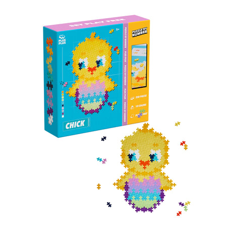 Plus-Plus Puzzle by Number Chick set featuring a yellow chick in a colorful egg made of 250 interlocking plastic pieces.