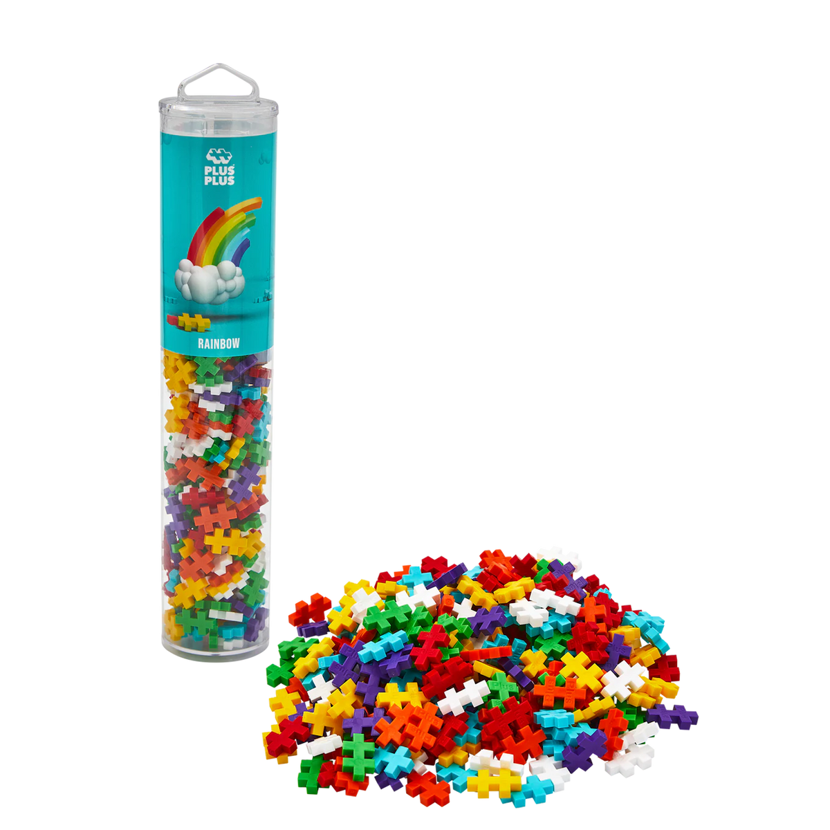 A cylindrical container filled with colorful interlocking puzzle pieces labeled "Rainbow." Pieces are spilled in front, against a white background.