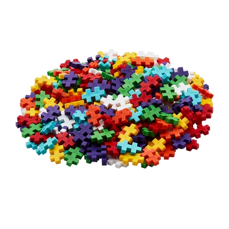 A pile of colorful interlocking plastic pieces in various shapes and bright colors, such as red, blue, green, and yellow, set against a white background.