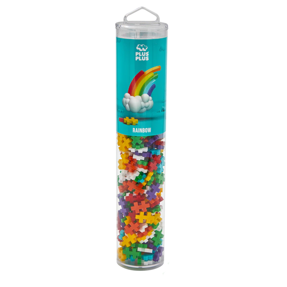Tall, clear tube of colorful interlocking Plus-Plus pieces labeled "Rainbow," featuring a rainbow with clouds on a teal background, set white black.