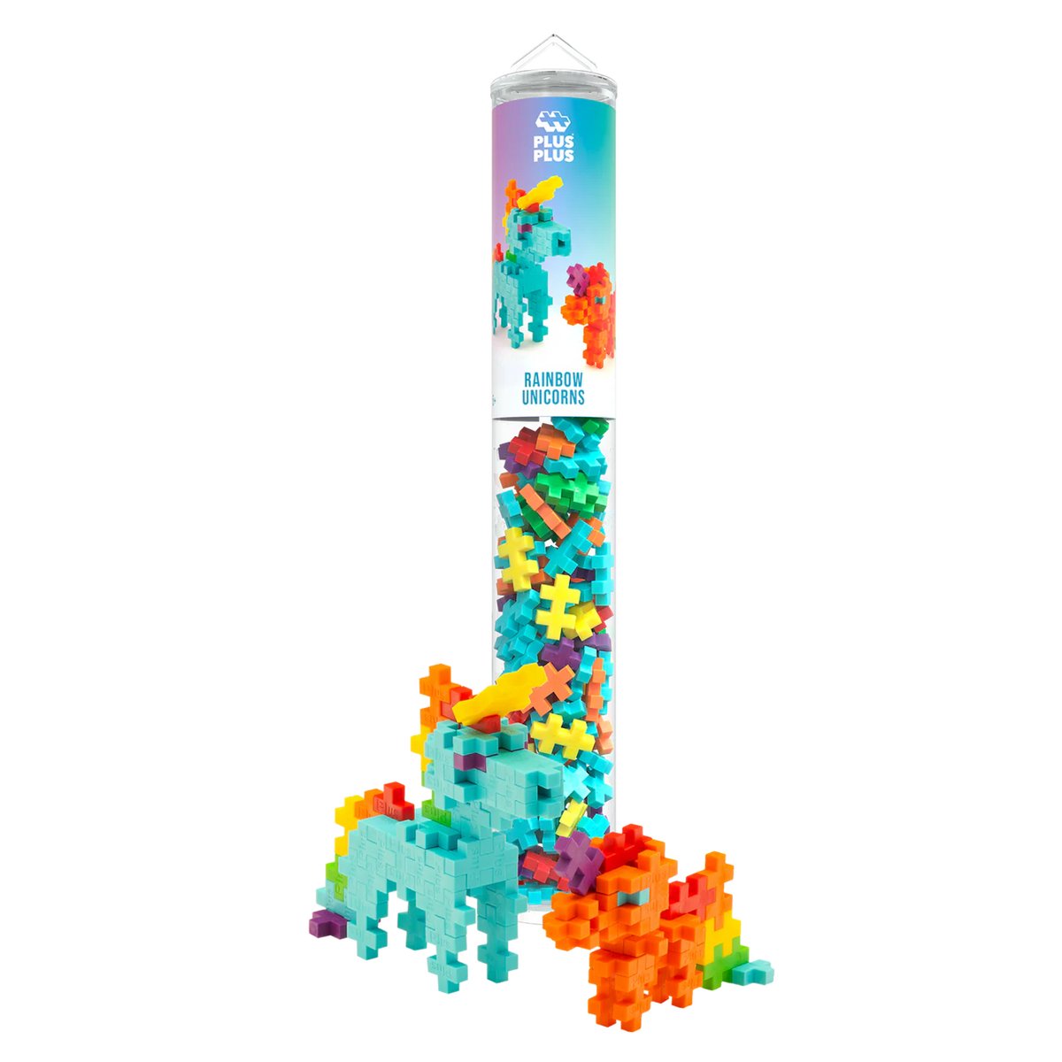 A tube of colorful interlocking puzzle pieces labeled "Rainbow Unicorns." Two unicorn figures, one blue and one orange, are built from the pieces.