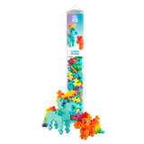 A tube of colorful interlocking puzzle pieces labeled "Rainbow Unicorns." Two unicorn figures, one blue and one orange, are built from the pieces.