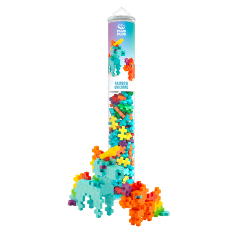 A tube of colorful interlocking puzzle pieces labeled "Rainbow Unicorns." Two unicorn figures, one blue and one orange, are built from the pieces.