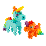 Colorful interlocking blocks form a blue unicorn with a rainbow mane and an orange dragon-like creature. They stand against a plain white background.