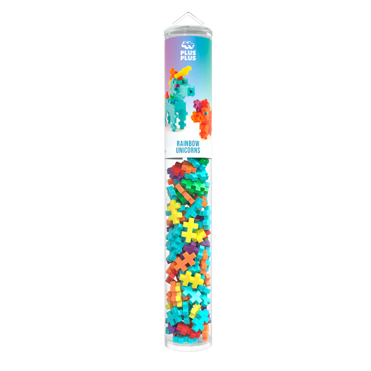Tall, clear tube filled with colorful building blocks in the shape of plus signs. The label shows a rainbow unicorn model, evoking creativity and fun.
