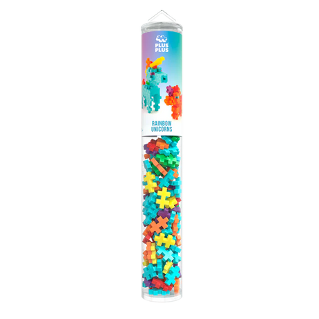 Tall, clear tube filled with colorful building blocks in the shape of plus signs. The label shows a rainbow unicorn model, evoking creativity and fun.