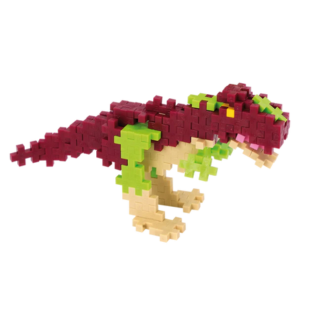 Colorful dinosaur model built from interlocking plastic pieces. The dinosaur features red, green, and beige colors, set against a white background.