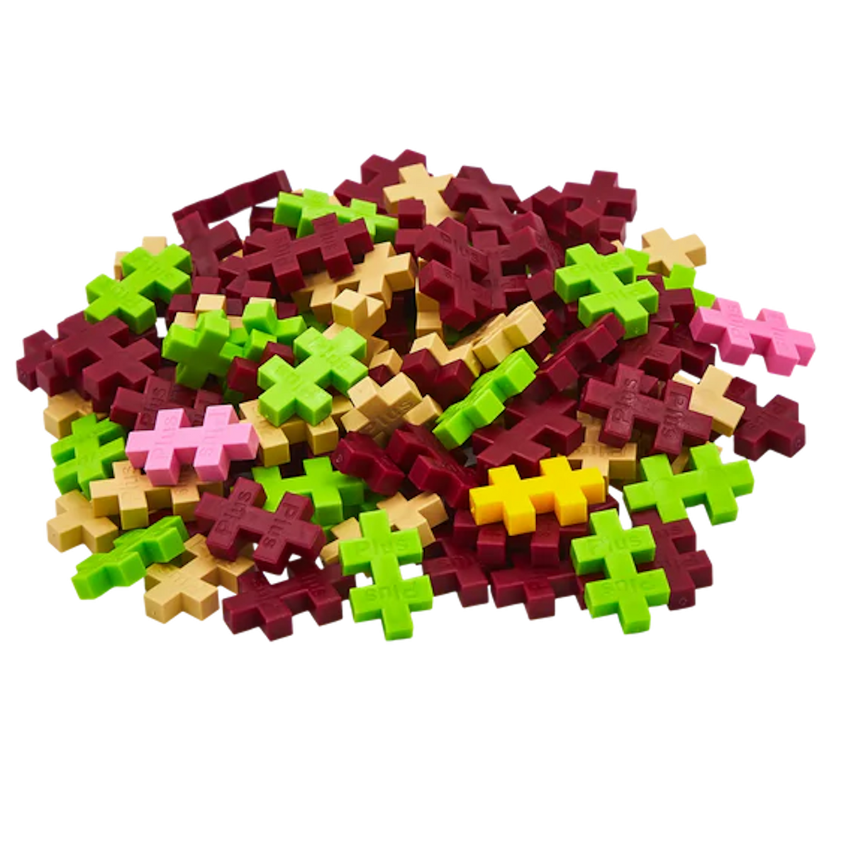 A pile of colorful interlocking plastic pieces shaped like simple geometric plus signs. Colors include green, red, pink, beige, and yellow on a white background.