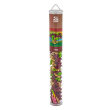 A tall, transparent tube labeled "Plus Plus T-Rex" contains colorful interlocking building blocks in shades of red, green, and beige, set against a white background.