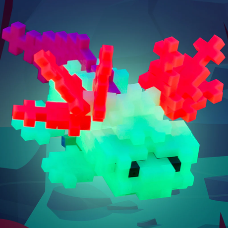 Glow-in-the-dark axolotl figure made from teal, pink, and purple Plus-Plus building blocks on a dark background.