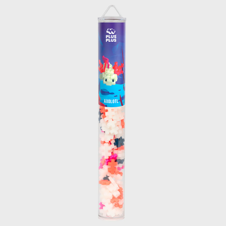 Plus-Plus Axolotl tube building set with colorful interlocking pieces and a graphic of a pixelated axolotl character.