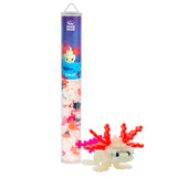 Plus-Plus Axolotl 100-piece building set tube with a completed 3D white and pink axolotl toy model on a white background.