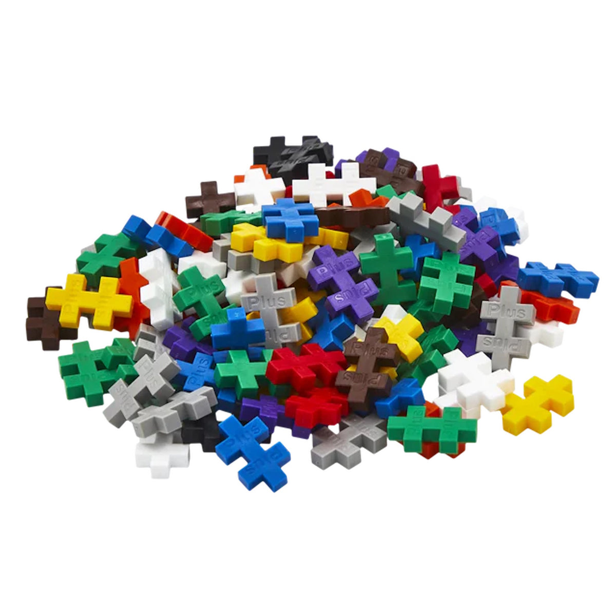 A pile of colorful Plus-Plus interlocking building blocks in various shades like blue, green, yellow, red, and white.