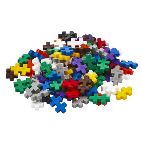 A pile of colorful Plus-Plus interlocking building blocks in various shades like blue, green, yellow, red, and white.