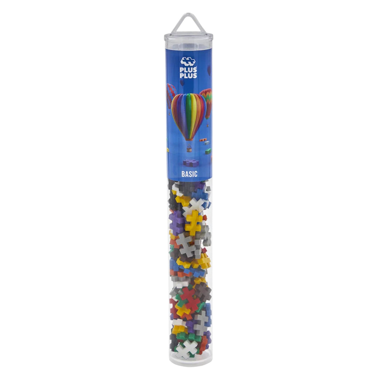 Plus-Plus Basic building blocks in a clear travel tube with a hot air balloon design on the blue label.