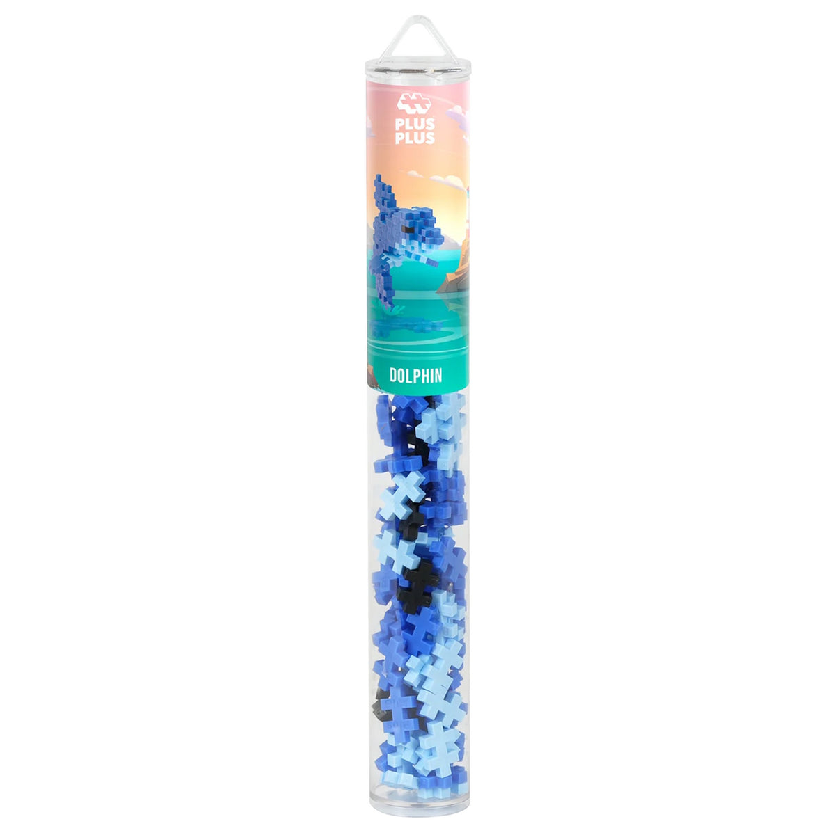 Plus-Plus Dolphin building set in a clear tube with blue and black interlocking pieces for creative 3D toy construction.