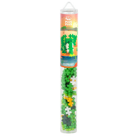 Plus-Plus tube containing 100 green, white, and yellow building pieces for an elephant construction toy set.