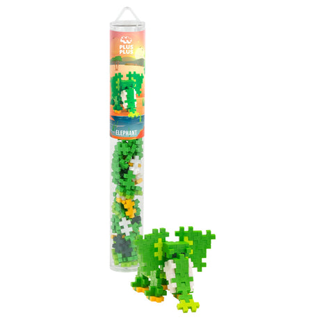Plus-Plus Elephant building toy tube with green, white, and yellow blocks and a completed 3D elephant model.