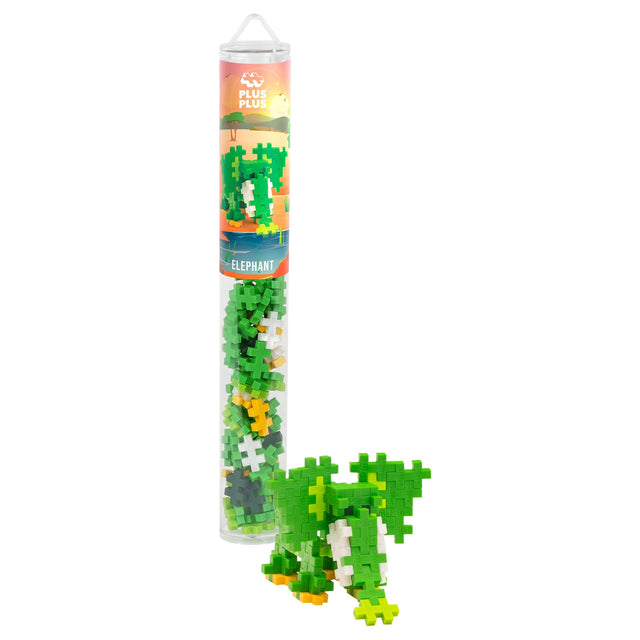 Plus-Plus Elephant building toy tube with green, white, and yellow blocks and a completed 3D elephant model.