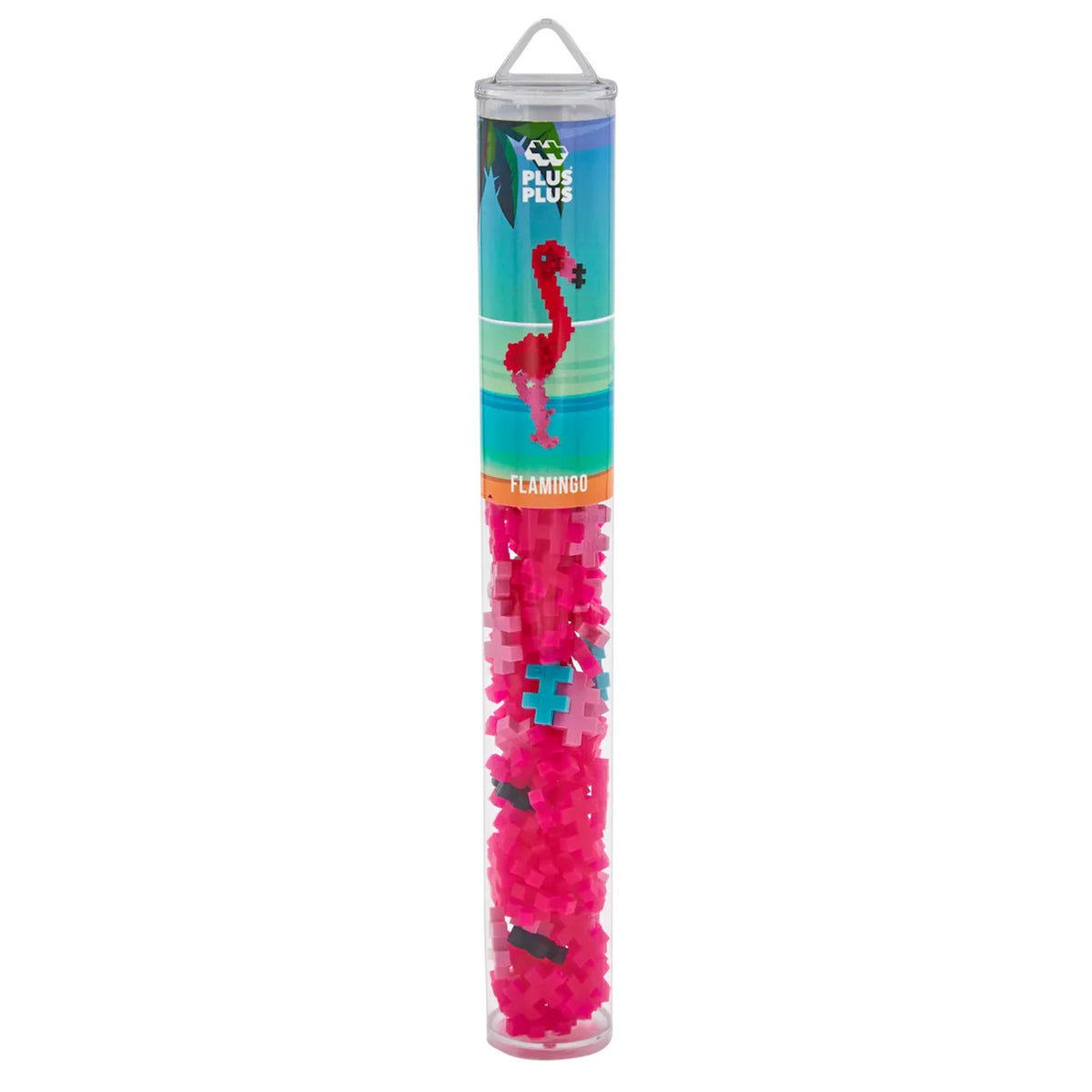 Plus-Plus Flamingo tube building set with 100 pink interlocking pieces and a visual guide on the clear plastic packaging.