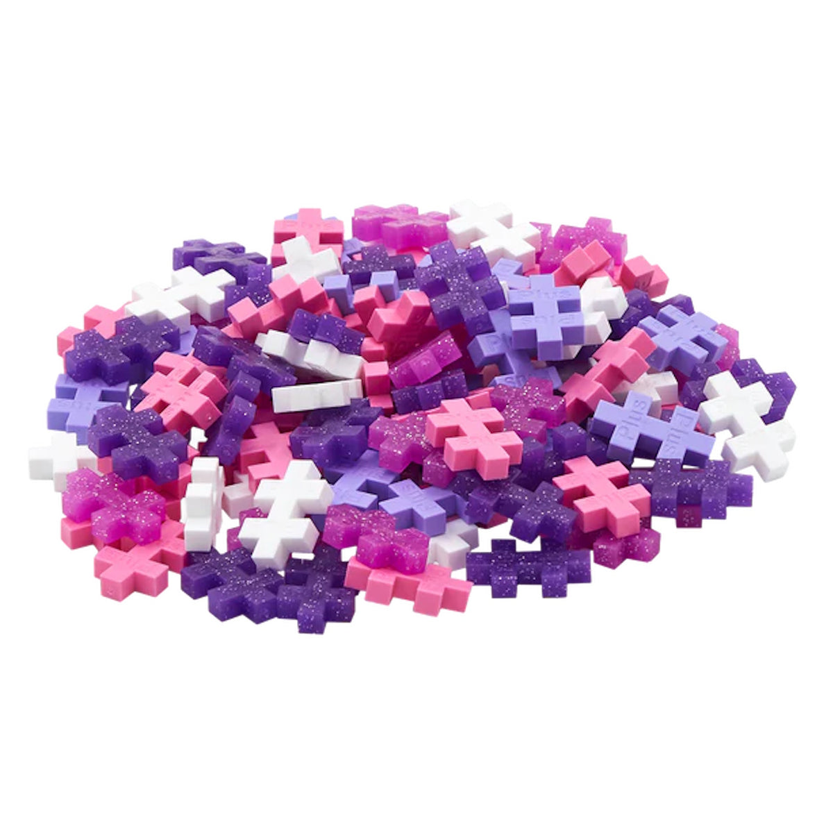 Pile of Plus-Plus glitter building blocks in pink, purple, and white colors on a white background.