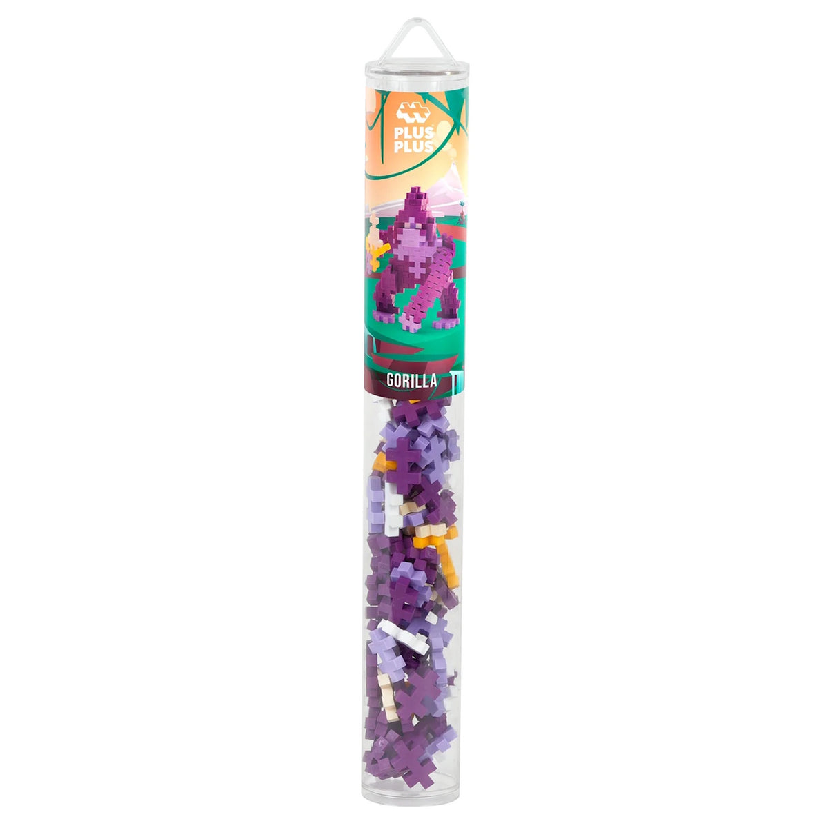 Plus-Plus Gorilla building set in a clear tube with purple and white interlocking pieces for creative 3D toy construction.