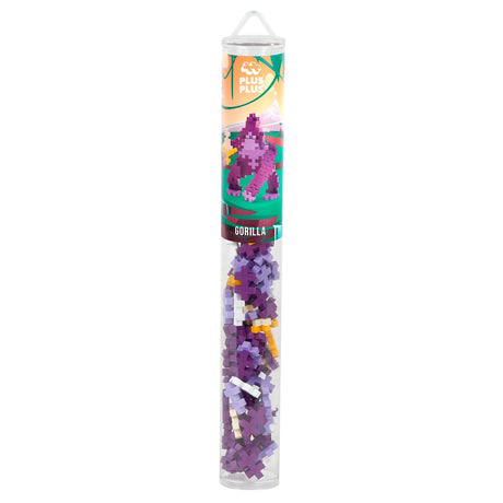 Plus-Plus Gorilla building set in a clear tube with purple and white interlocking pieces for creative 3D toy construction.