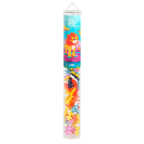 Plus-Plus Lion building set tube with orange, yellow, and red interlocking pieces for creative kids' construction toy.