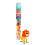Plus-Plus Tube Lion 100-piece building set with assembled yellow and orange toy lion on a white background.