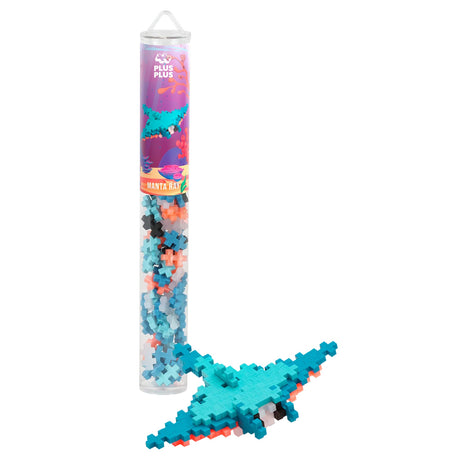 Plus-Plus Tube Manta Ray 100-piece building set with assembled blue and orange toy ray on a white background.