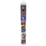 Plus-Plus Mecha Bot tube building set with multicolored interlocking pieces and a graphic of a pixelated robot character.