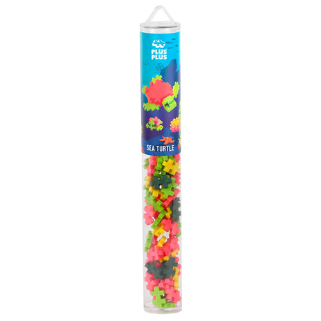 Plus-Plus Sea Turtle building set tube containing 100 colorful interlocking puzzle pieces for stem learning and creative play.