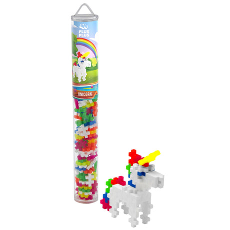 Plus-Plus Unicorn building set with rainbow pieces, storage tube, and completed white 3D unicorn model.
