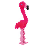 Pink flamingo 3D model made from interlocking Plus-Plus building blocks on a white background.