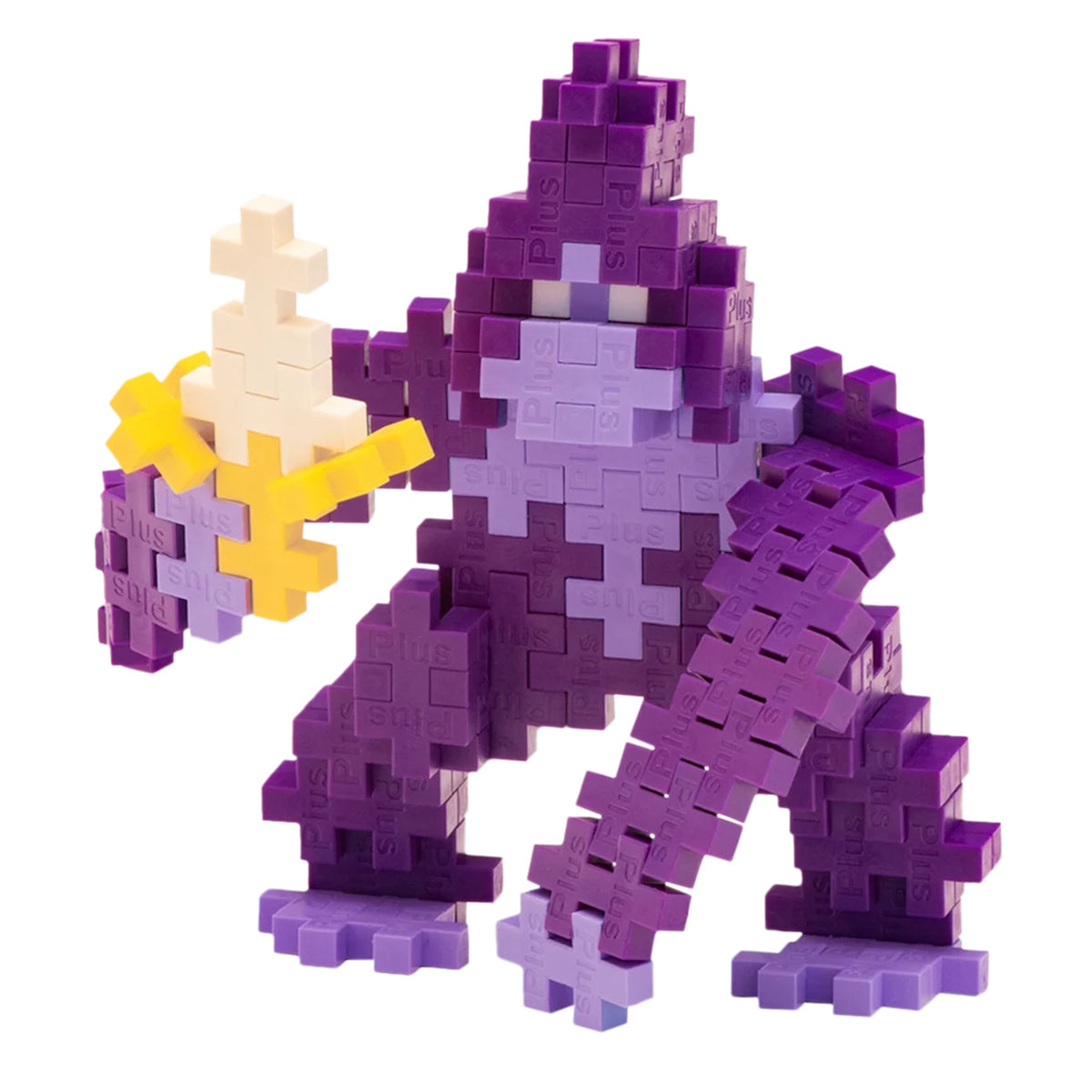 Purple gorilla figurine made from Plus-Plus interlocking building blocks, holding a small yellow and white sword.