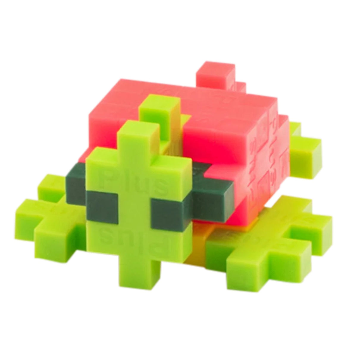 Colorful sea turtle toy built with lime green, pink, and dark green Plus-Plus interlocking construction pieces.