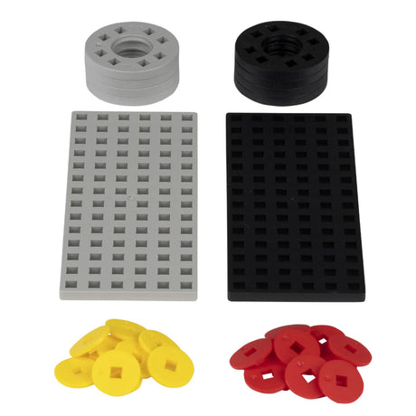 Plus-Plus accessory pack with grey and black baseplates, wheels, and yellow and red hubcaps for building toy sets.