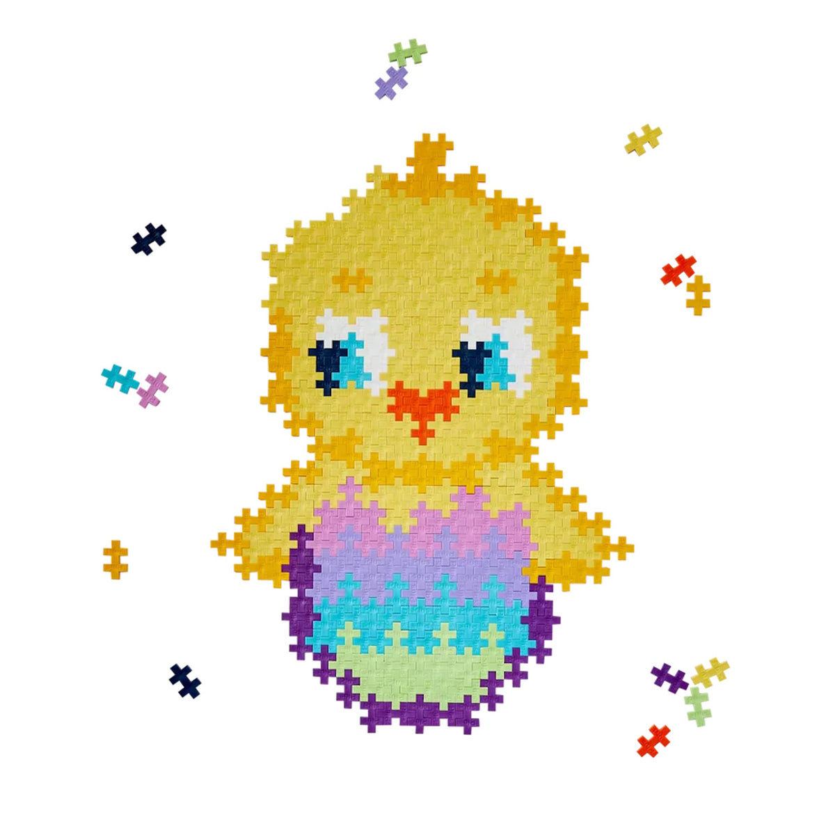 Yellow chick hatching from a colorful Plus-Plus toy brick Easter egg. Simple 2D building block puzzle art for kids.