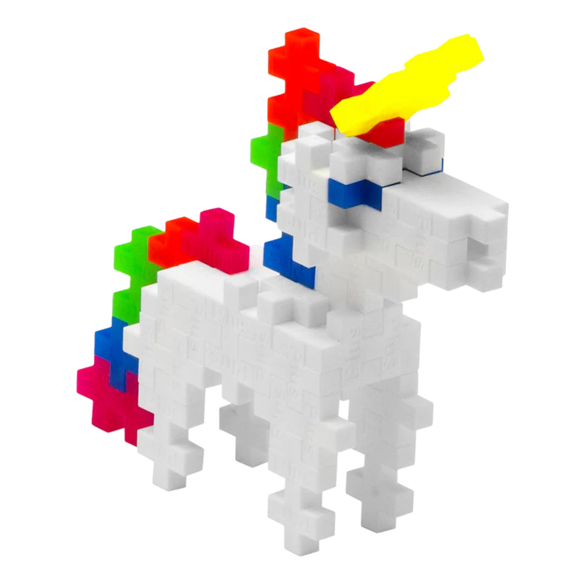 White unicorn figurine made of Plus-Plus interlocking building blocks with a yellow horn and multicolored mane and tail.