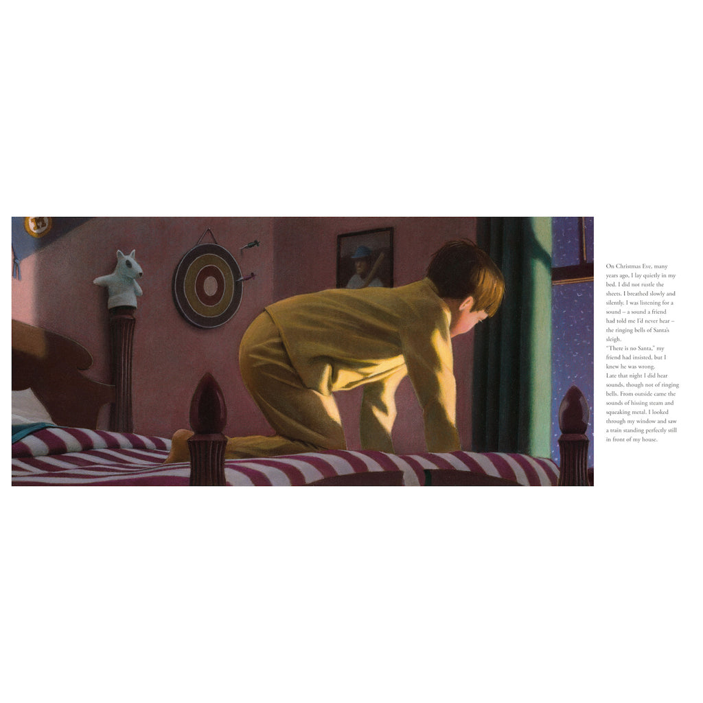 A boy in yellow pajamas kneels on a striped bed, intently looking out a window on Christmas Eve. The room is dimly lit, conveying anticipation.
