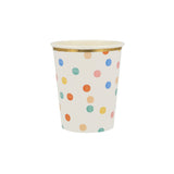 White paper party cup with colorful polka dots and a gold foil rim for birthday celebrations and festive events.
