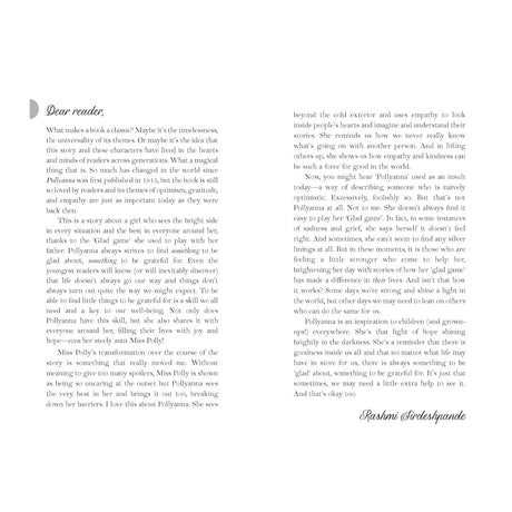 A "Dear reader" introduction page for the book Pollyanna by Rashmi Sirdeshpande, featuring elegant black serif typography.