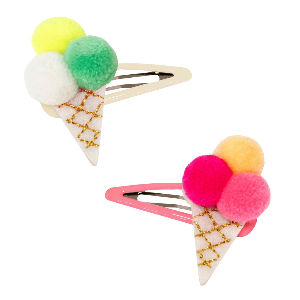 Featuring fun ice cream cone shapes with colourful pom pom tops, adding a cute and whimsical flair to kids' hairstyles.