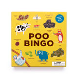 Bright yellow box for "Poo Bingo," featuring playful illustrations of animals and various types of poo. Includes a "Bingo for Kids!" badge. Fun and educational.