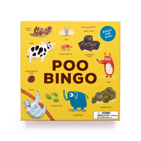 Bright yellow box for "Poo Bingo," featuring playful illustrations of animals and various types of poo. Includes a "Bingo for Kids!" badge. Fun and educational.